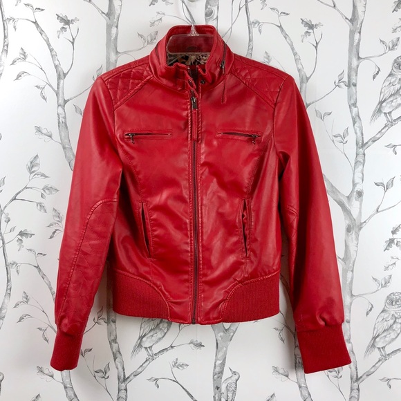Ci Sono Jackets & Blazers - Ci Sono red faux leather quilted moto jacket